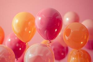ai generado rosa, granate, y amarillo globos mosca en un rosado antecedentes foto