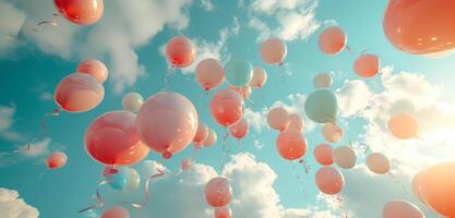 AI generated blue, pink and pastel balloons flying in the air, photo