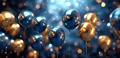 AI generated gold and blue balloons in blue background photo