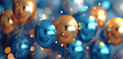AI generated gold and blue balloons in blue background photo