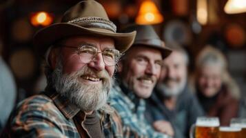 ai generado un grupo de alemán agricultores Bebiendo cerveza en un bar en el noche foto