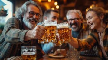 ai generado un grupo de alemán agricultores Bebiendo cerveza en un bar en el noche foto