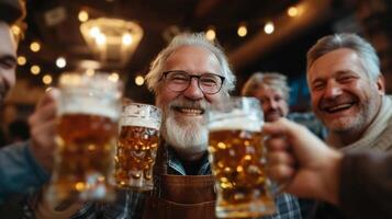 ai generado un grupo de alemán agricultores Bebiendo cerveza en un bar en el noche foto