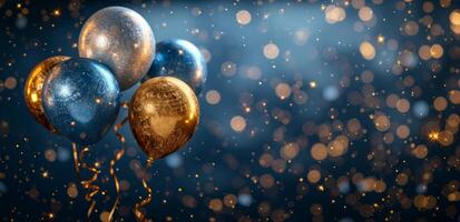 AI generated blue and gold balloons hanging above the earth on a dark blue background with golden stars photo
