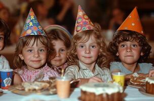 ai generado un grupo de niños a un cumpleaños fiesta foto