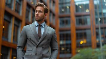 AI generated A handsome confident man dressed in a suit stands with his hands in his pockets against the backdrop photo