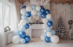 AI generated blue, white balloons set up in a room with other objects photo