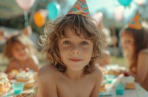 ai generado un grupo de niños a un cumpleaños fiesta foto