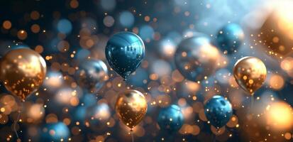 AI generated the blue and gold balloons float off the background photo