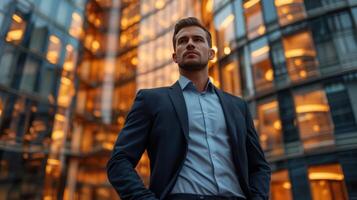 AI generated A handsome confident man dressed in a suit stands with his hands in his pockets against the backdrop photo