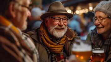 AI generated A group of German farmers drinking beer in a bar in the evening photo