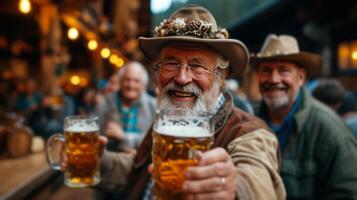 ai generado un grupo de alemán agricultores Bebiendo cerveza en un bar en el noche foto