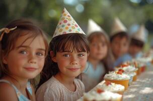 ai generado un grupo de niños a un cumpleaños fiesta foto