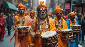 ai generado un grupo de liebre krishnas con tambores camina abajo el calle de ciudad foto