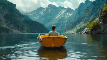 AI generated young man is fishing on a yellow boat in the middle of the lake. Beautiful mountain background blurred photo