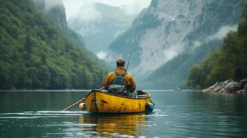 AI generated young man is fishing on a yellow boat in the middle of the lake. Beautiful mountain background blurred photo