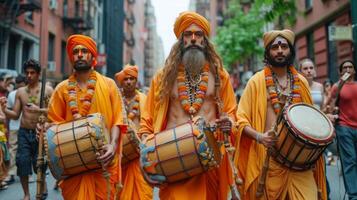 ai generado un grupo de liebre krishnas con tambores camina abajo el calle de ciudad foto