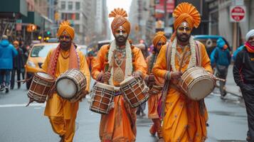 ai generado un grupo de liebre krishnas con tambores camina abajo el calle de ciudad foto