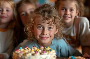 ai generado un grupo de niños celebrando un cumpleaños con pastel foto