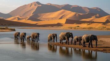AI generated A herd of Elephants came to water at an oasis in the middle of the desert photo