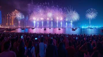 AI generated A large crowd of people gathered in the evening and watch the fireworks on the Dubai waterfront photo