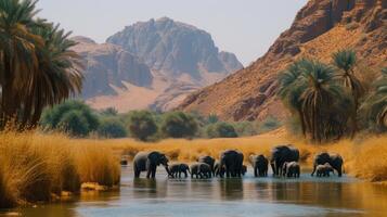 AI generated A herd of Elephants came to water at an oasis in the middle of the desert photo