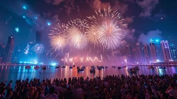 AI generated A large crowd of people gathered in the evening and watch the fireworks on the Dubai waterfront photo