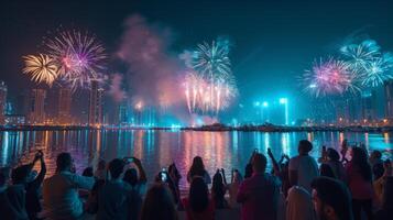 AI generated A large crowd of people gathered in the evening and watch the fireworks on the Dubai waterfront photo