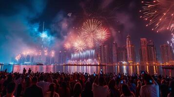 ai generado un grande multitud de personas reunido en el noche y reloj el fuegos artificiales en el dubai frente al mar foto