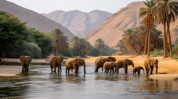 ai generado un manada de elefantes llegó a agua a un oasis en el medio de el Desierto foto