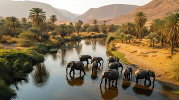AI generated A herd of Elephants came to water at an oasis in the middle of the desert photo