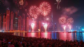 AI generated A large crowd of people gathered in the evening and watch the fireworks on the Dubai waterfront photo