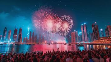 AI generated A large crowd of people gathered in the evening and watch the fireworks on the Dubai waterfront photo