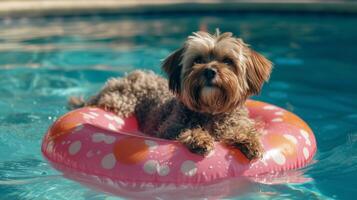 AI generated A large shaggy dog swims in a pool next to an inflatable circle in the shape of a donut photo