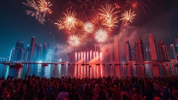 AI generated A large crowd of people gathered in the evening and watch the fireworks on the Dubai waterfront photo