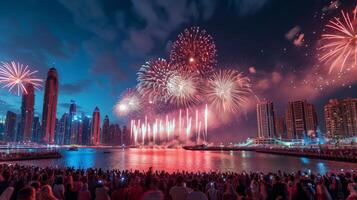 AI generated A large crowd of people gathered in the evening and watch the fireworks on the Dubai waterfront photo