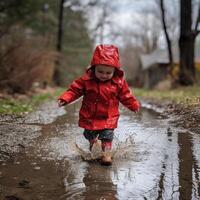 AI generated a little girl in a red raincoat runs through puddles in the rain photo