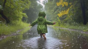 ai generado un pequeño niña en un verde impermeable carreras mediante charcos en el lluvia foto