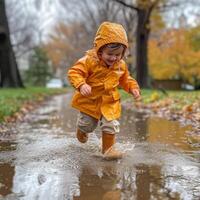 ai generado un pequeño niña en un naranja impermeable carreras mediante charcos en el lluvia foto