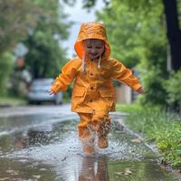 ai generado un pequeño niña en un naranja impermeable carreras mediante charcos en el lluvia foto