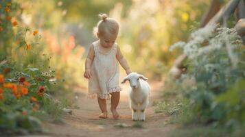 AI generated a little girl walks in the summer garden with a little sheep photo
