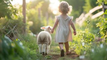 AI generated a little girl walks in the summer garden with a little sheep photo