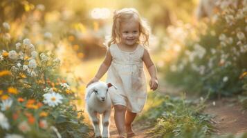 ai generado un pequeño niña camina en el verano jardín con un pequeño oveja foto