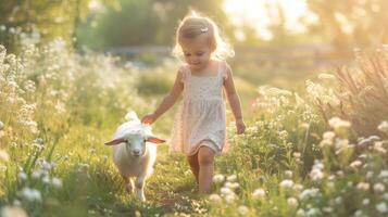 AI generated a little girl walks in the summer garden with a little sheep photo