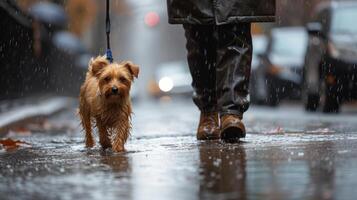 AI generated A man walks his Yorkshire terrier dog in the rain along the street of city photo