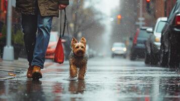 AI generated A man walks his Yorkshire terrier dog in the rain along the street of city photo