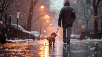 AI generated A man walks his Yorkshire terrier dog in the rain along the street of city photo