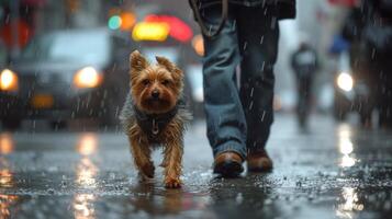 AI generated A man walks his Yorkshire terrier dog in the rain along the street of city photo