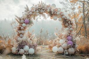 ai generado un habitación lleno con oro, plata y blanco globos foto