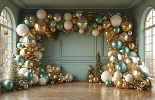 ai generado un habitación lleno con oro, plata y blanco globos foto